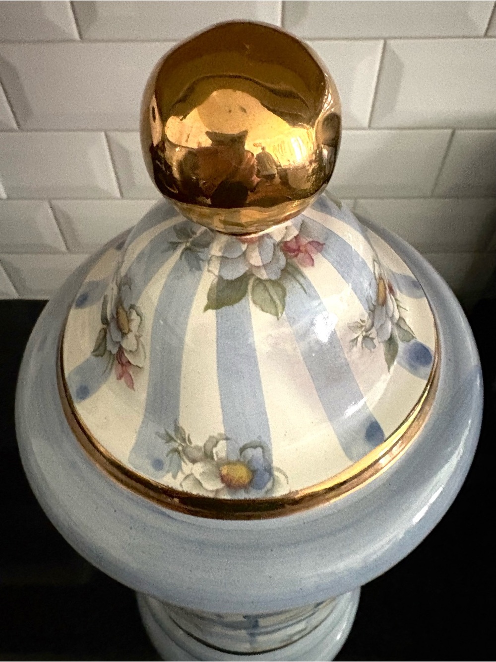 Mackenzie Childs Honeymoon Blue & White Floral Check Ceramic Jar with Gold Trim - Picture 6 of 8